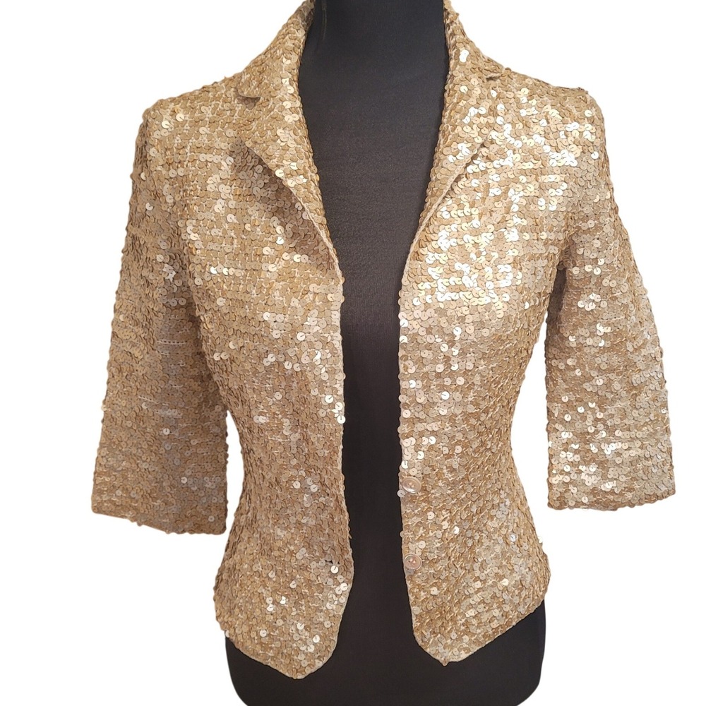 IISLI Anthropologie Tiffany Handsewn Matte Gold Sequin Crochet Jacket 4 Handmade